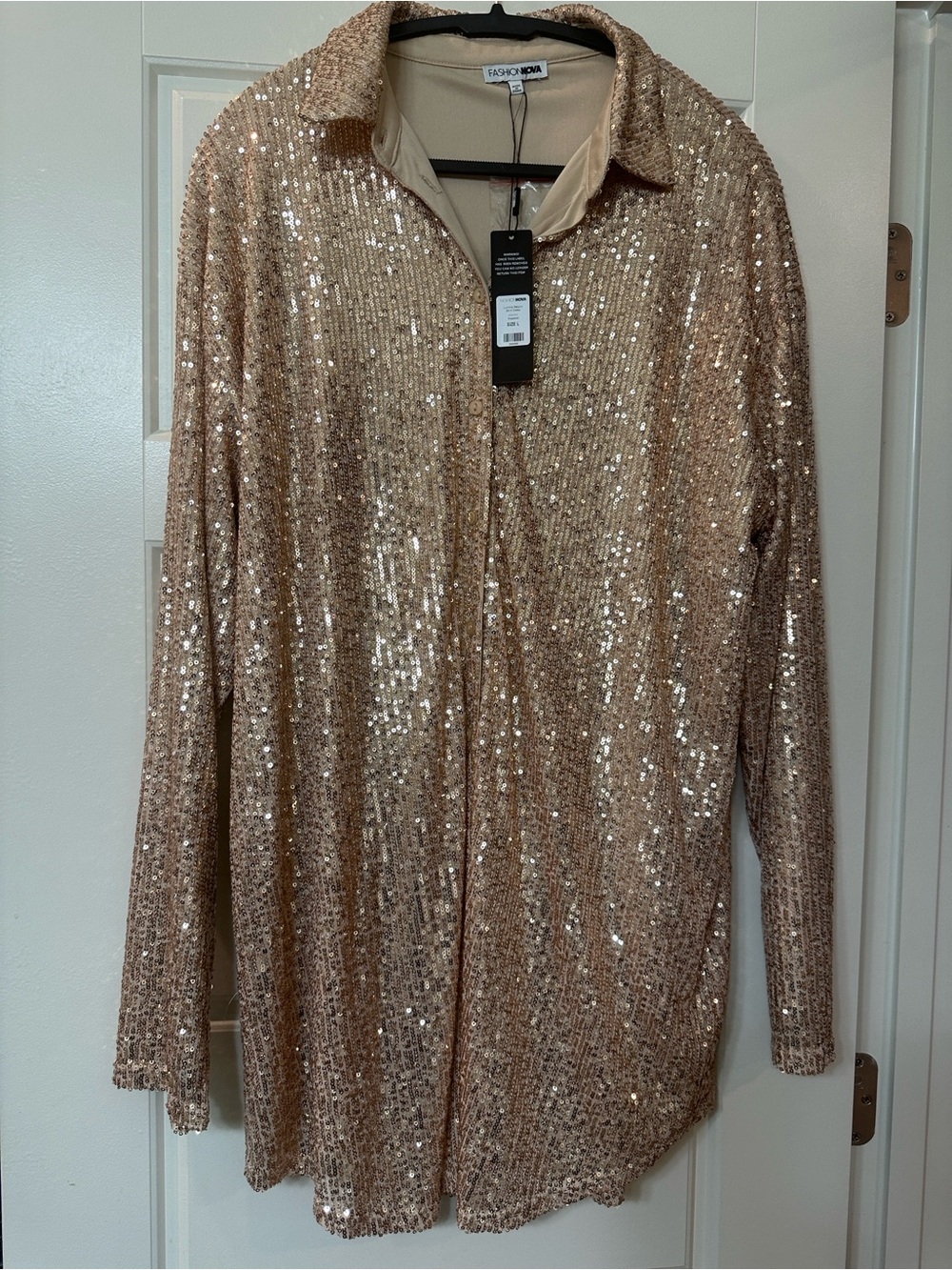 Fashion Nova Rose Gold Sequin Shirt Dress - Picture 2 of 3